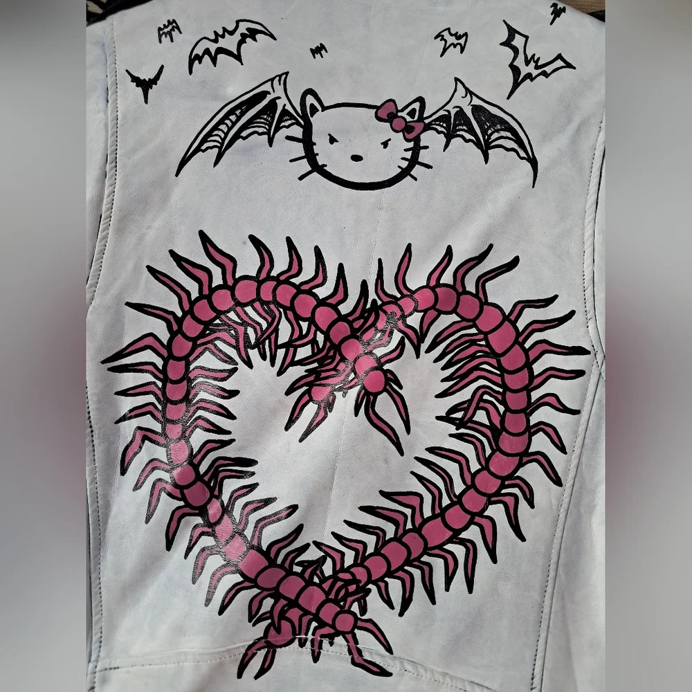 SOLD @MARKET  Fun kawaii goth custom hand painted OOAK faux leather jacket - Picture 4 of 15